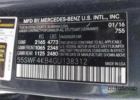 2016 Mercedes-Benz C 300 4Matic из США, поврежденный, VIN 55SWF4KB4GU138312